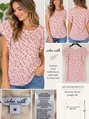 Eden Ruth Floral Flutter Sleeve Blouse Pink Red Cream Size M